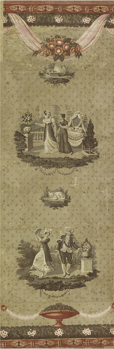 Image features an Empire-style wallpaper with two figural landscape views. Please scroll to read the blog post about this object.