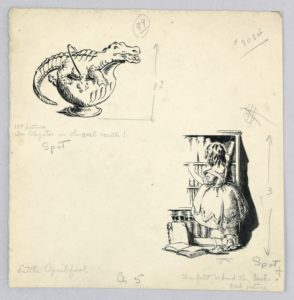 Image feature two drawings on one page. In the upper left corner, an alligator sits in a coal bucket, facing towards the right. In the lower right, a little girl, seen from behind, reaches for the top shelf of a bookcase, rising on her toes. Please scroll down to read the blog post about this object.