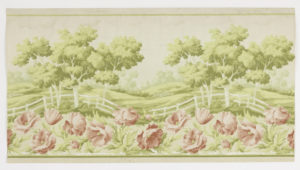 Image features a wallpaper frieze with a bucolic scene of rolling hills, while picket fences, and groves of trees. Please scroll down to read the blog post about this object.