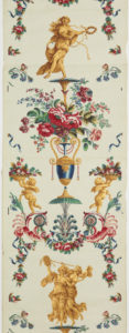 Image features a wallpaper with an arabesque design containing floral bouquets, cupids, vases, and acanthus scrolls. Please scroll down to read the blog post about this object.