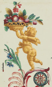 Image shows detail of cupid holding fruit basket.