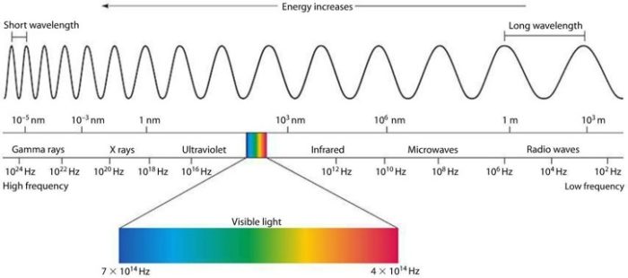 Graphic showing the visible light spectrum at center: a rainbow of colors from blue to red, in context with other types of radiation such as gamma rays, x-rays (shorter wavelengths) and infrared and microwaves (longer wavelengths).