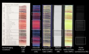 A series of pink and red threads are shown to the left side in normal light conditions, and then again to the right repeated five times with different lighting in which the colors shift to different hues.