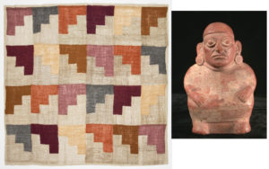 Textile with step motif in reds, oranges, and natural colors shown next to an ancient clay pot depicted wearing a tunic with the same motif.