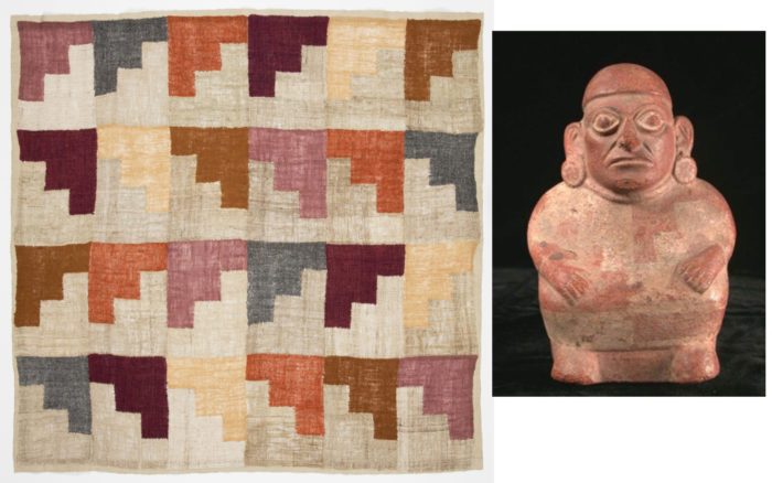 Textile with step motif in reds, oranges, and natural colors shown next to an ancient clay pot depicted wearing a tunic with the same motif.