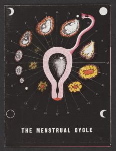 Image features a brochure with a diagram of the overall menstrual cycle on the front cover in pink, red, yellow, white, and black against a black background. White numbers representing days of the month are arranged in a circle, and different types of moons appear in white in the four corners. Please scroll down to read the blog post about this object.