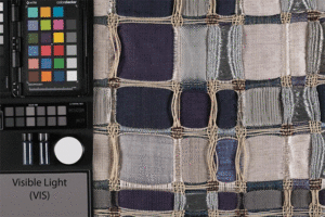 GIF showing a detail of a textile made of a grid of different colors (blue, purple, white) in visible light, and in computationally manipulated images which show changing colors in the animation.