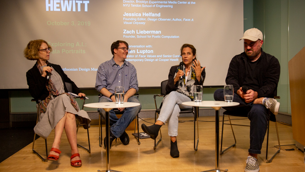 image of four people on a stage at cooper hewitt. from the left: Ellen Lupton, Luke Dubois, Jessica Helfand, and Zack Lieberman. They each hold mics and Jessica is speaking