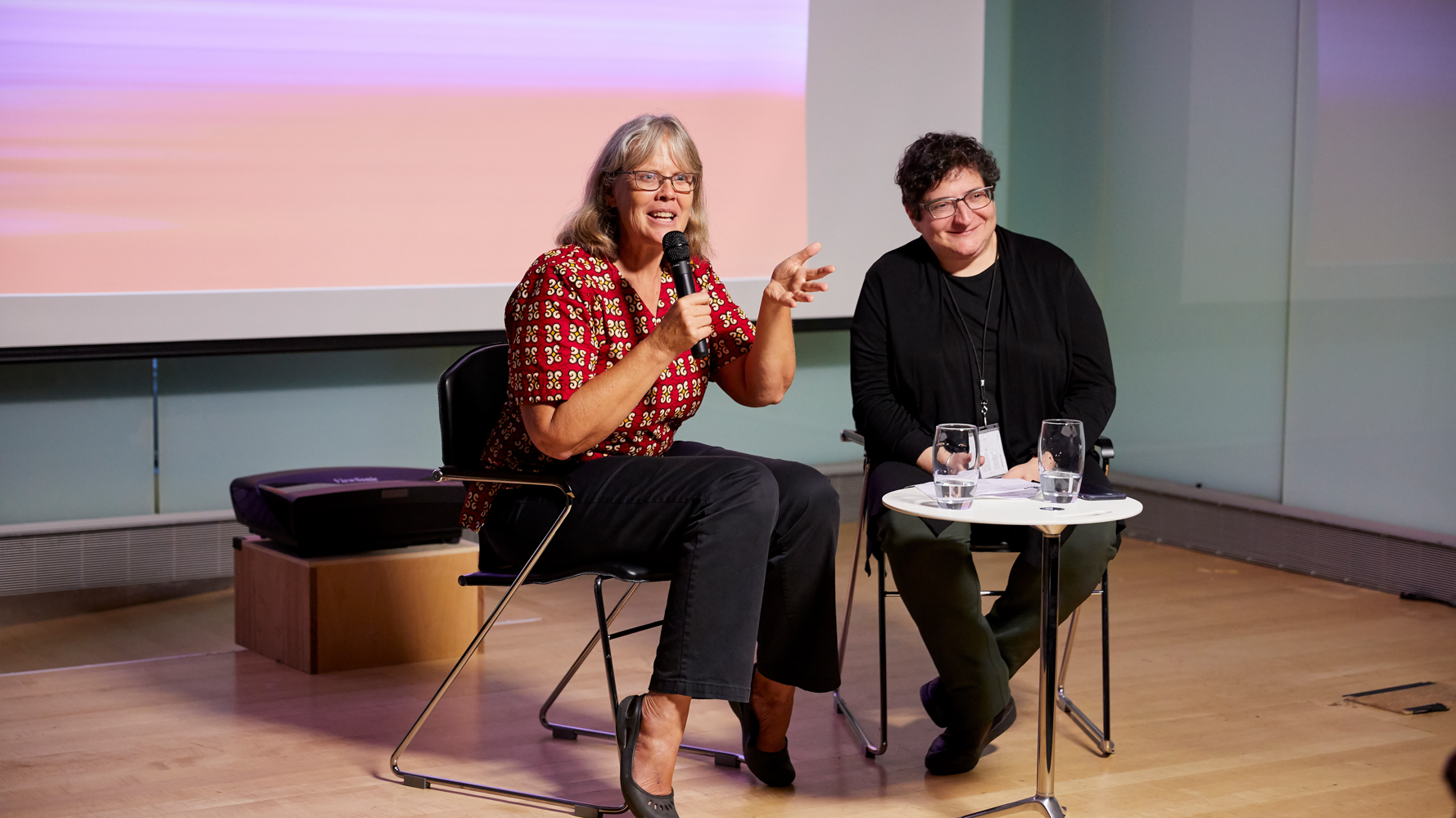 image of two people on a stage; on the left is Amy Smith, she has light hair and wears glasses, and a red blouse. on the left is Carolyn Royston, who has short dark hair and glasses, and wears dark clothing. Amy holds a microphone and is gesturing to the audience.