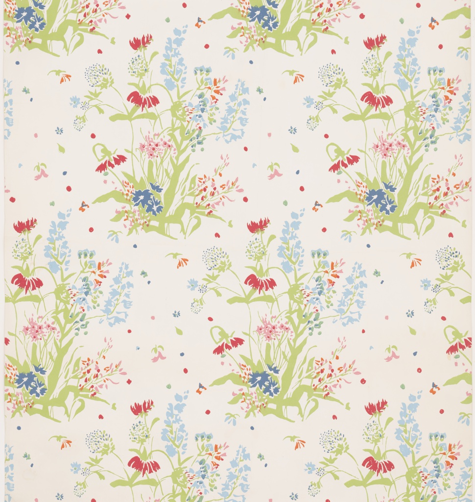 Image features a wallpaper with a repeating floral bouquet printed on Tyvek. Please scroll down to read the blog post about this object.
