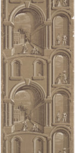 Image features tan wallpaper showing a pillar and arch design with a very deep perspective. Please scroll down to read the blog post this object.