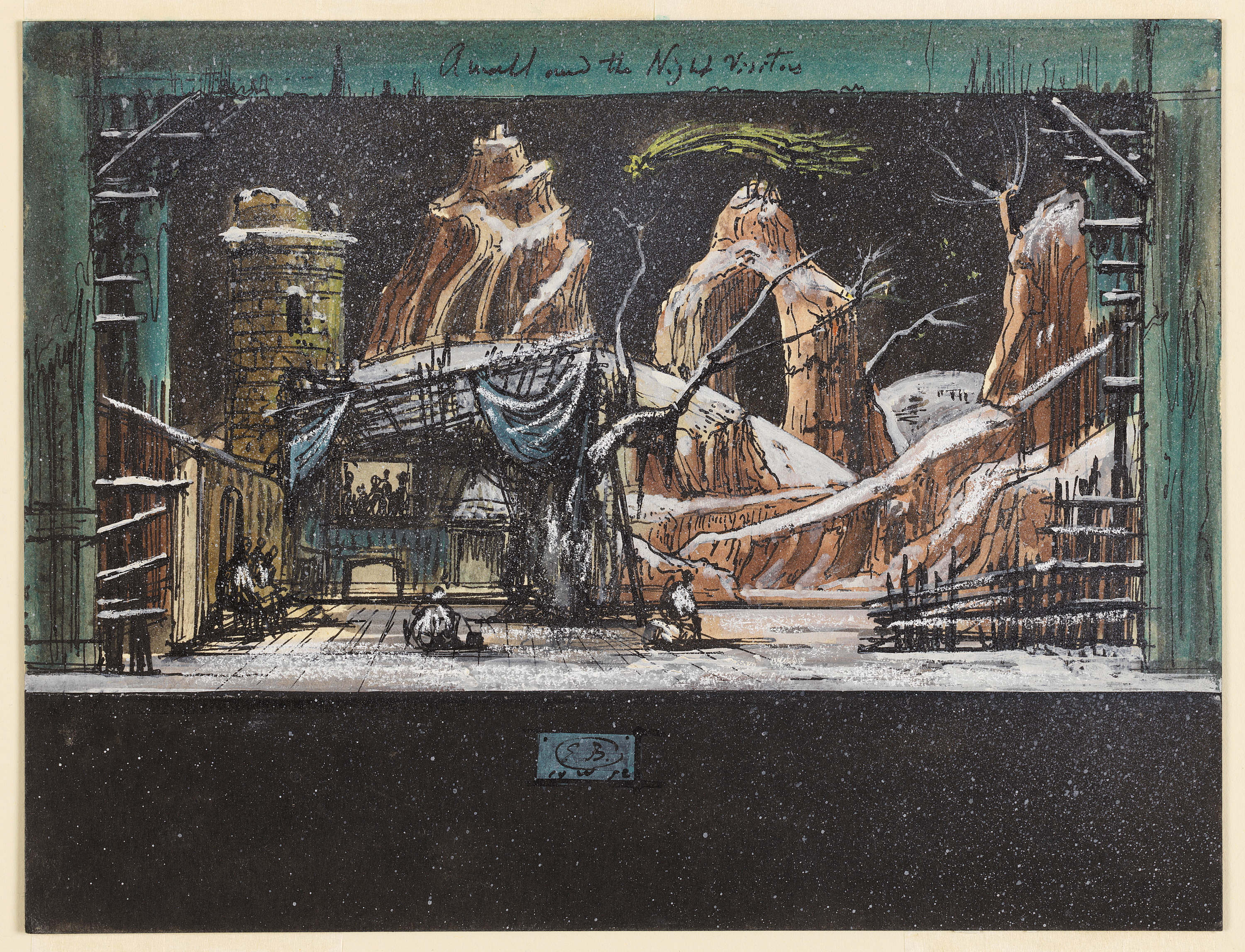Image features a drawing of a night scene showing an idealized rocky landscape with falling snow. In the sky is the star of Bethlehem. Please scroll down to read the blog post about this object.