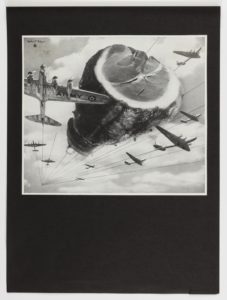 Image features black and white photomontage combining image of roast pork apparently flying in the sky alongside US Army bombers. Please scroll down to read the blog post about this object.