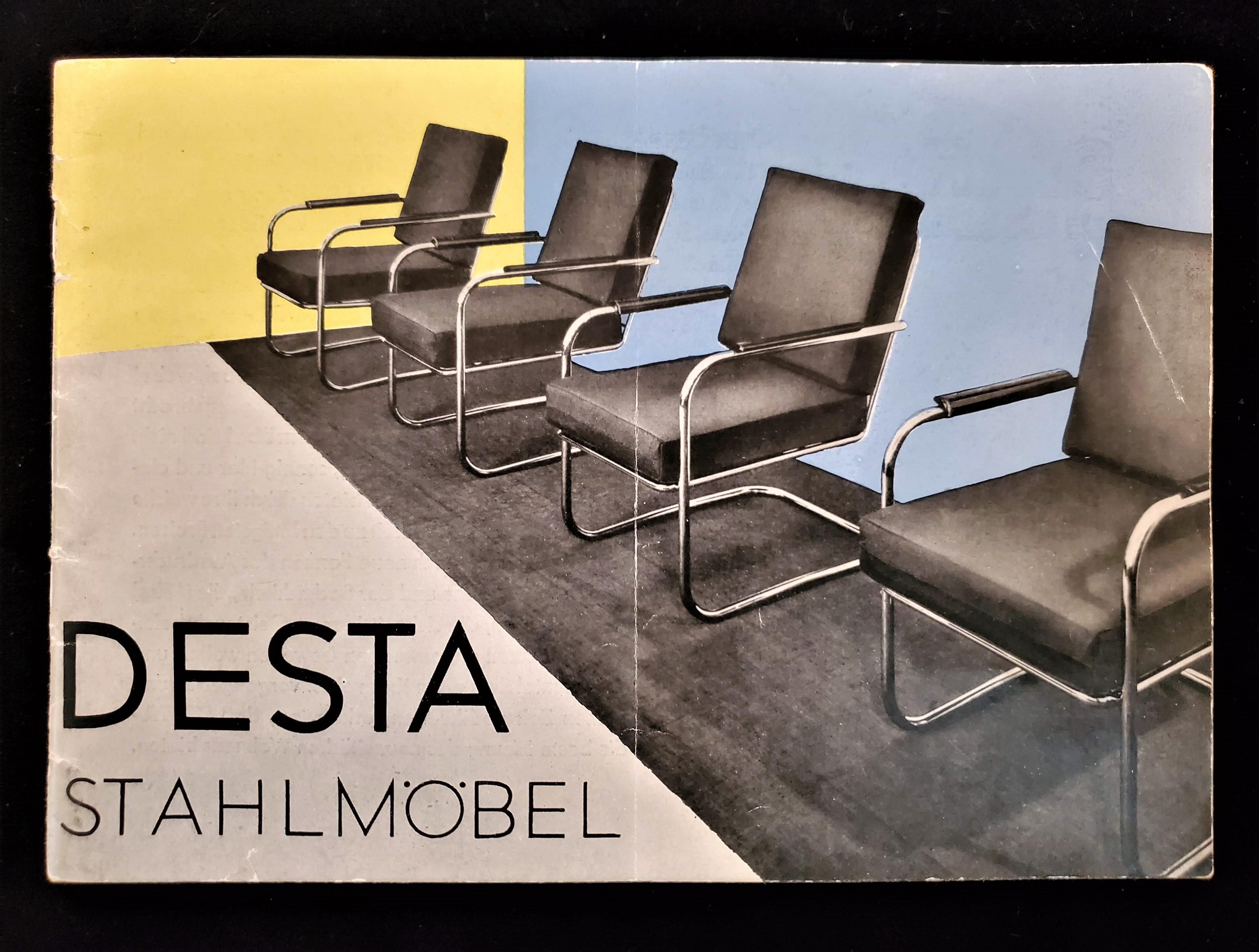 Image features the Desta Stahlmöbel book cover showing a photomontage of tubular steel club chairs on a yellow and light blue background. Please scroll down to read the blog post about this object.