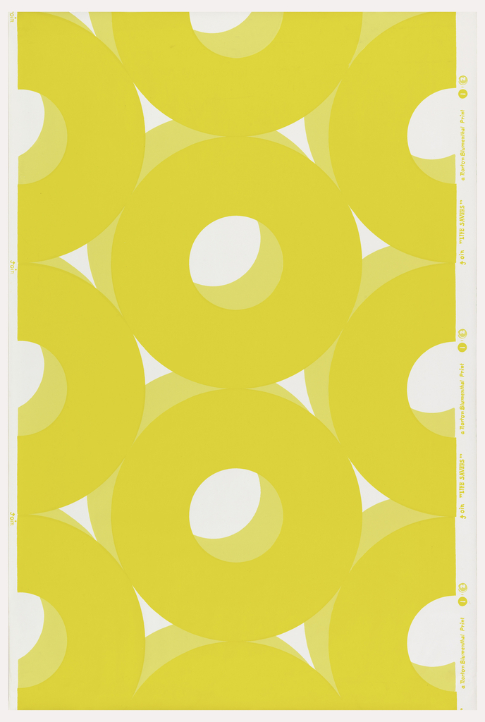 Image features a vinyl wallcovering with a dense pattern of thick yellow rings rendered in trompe l'oeil. Please scroll down to read the blog post about this object.