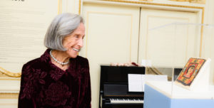 Barbara admires an object on view at Cooper Hewitt