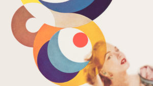 In a print designed by Herbert Bayer, a blonde woman's head is featured in the lower righthand corner. Above her head are abstracted circles in red, blue, yellow, black, white, tan, and orange.