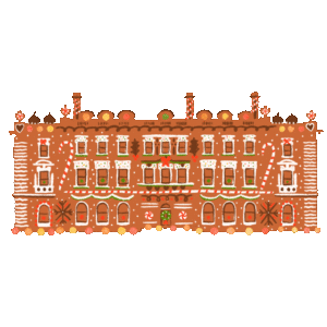 Illustration of Carnegie Mansion made of gingerbread. Is that snow or powdered sugar falling from the sky?