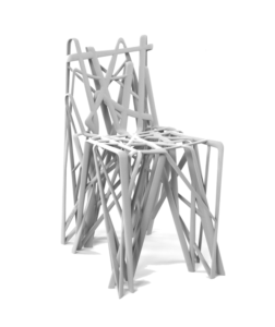 This is a gray chair. The chair is made from what looks like ribbons of plastic criss-crossed to form a chair. There are areas of empty space in the chair, between the criss-crossing plastic ribbons. The chair is so unusual that it almost appears to be a digital rendering.