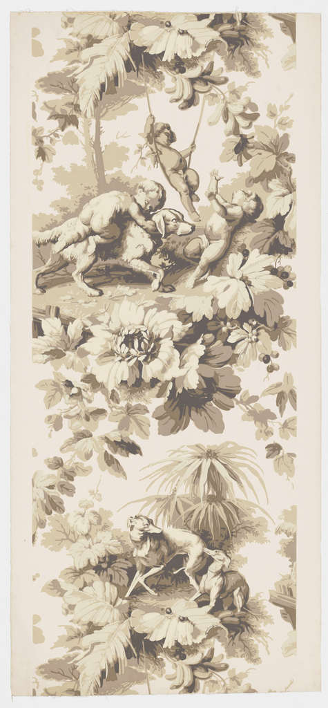 Image features a wallpaper with two landscape views containing boys and dogs, surrounded by lush tropical foliage. Please scroll down to read the blog post about this object.