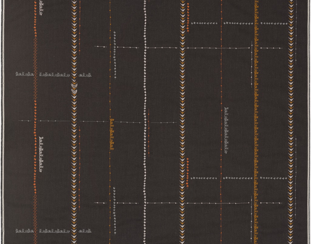 Image features a length of wool canvas with an irregular grid of embroidered floral and geometric borders. In gray, ochre, orange and white on a dark brown ground. Please scroll down to read the blog post about this object.