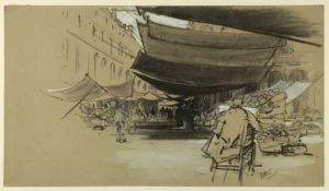 Image features a charcoal and white gouache drawing showing an open market in a city square with canvas awnings strung over the stalls. A male figure is seated before an easel in the foreground. Please scroll down to read the blog post about this object.