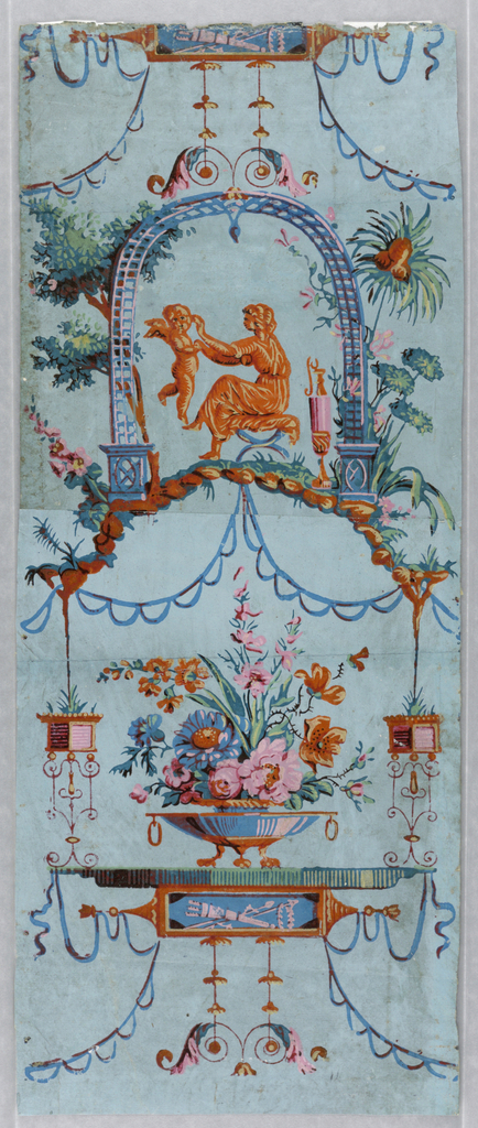 Image features wallpaper showing a seated female figure holding a cupid-like figure, amidst swags and multicolored floral decoration on a blue ground. Please scroll down to read the blog post about this object.