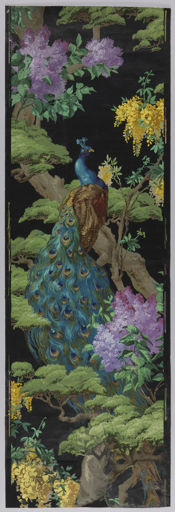 Image features a richly hued wallpaper depicting a vividly colored peacock perched in a cedar tree, amidst purple lilac and yellow wisteria blossoms, all on a black background. Please scroll down to read the blog post about this object