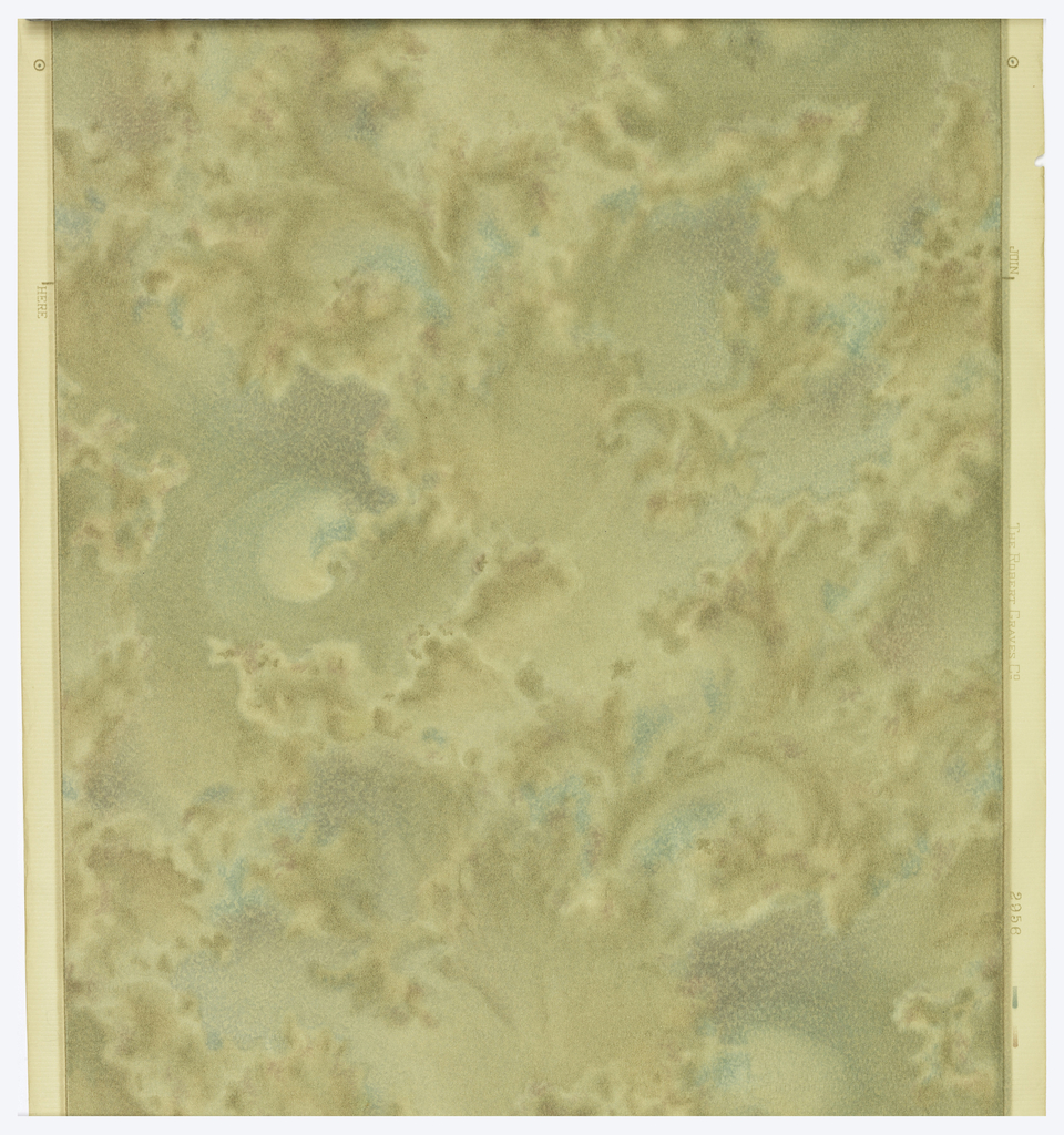 Image features a wallpaper with a rather random pattern of scrolls, printed in muted blue and tan. Please scroll down to read the blog posts about this object.