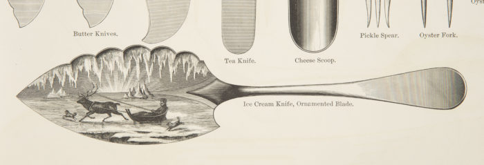 This image features an ice cream knife with icebergs, man in sled pulled by reindeer.
