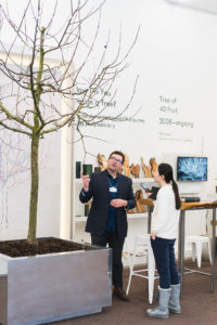 Sam shows a visitor his tree, which looks bare and is growing in a planter in a conference environment