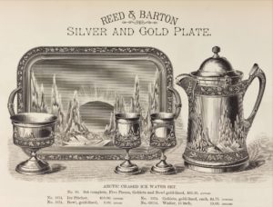 This image features Arctic inspired water service that includes a serving tray, water pitcher, cups, ice bowl. Reed & Barton, artistic workers in silver & gold plate. 1884.