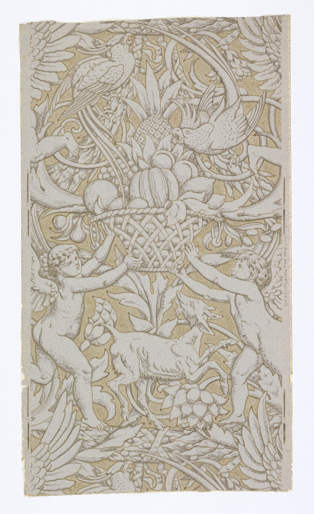 Image features a wallpaper design with two putti, two birds, and a goat. Please scroll down to read the blog post about this object.