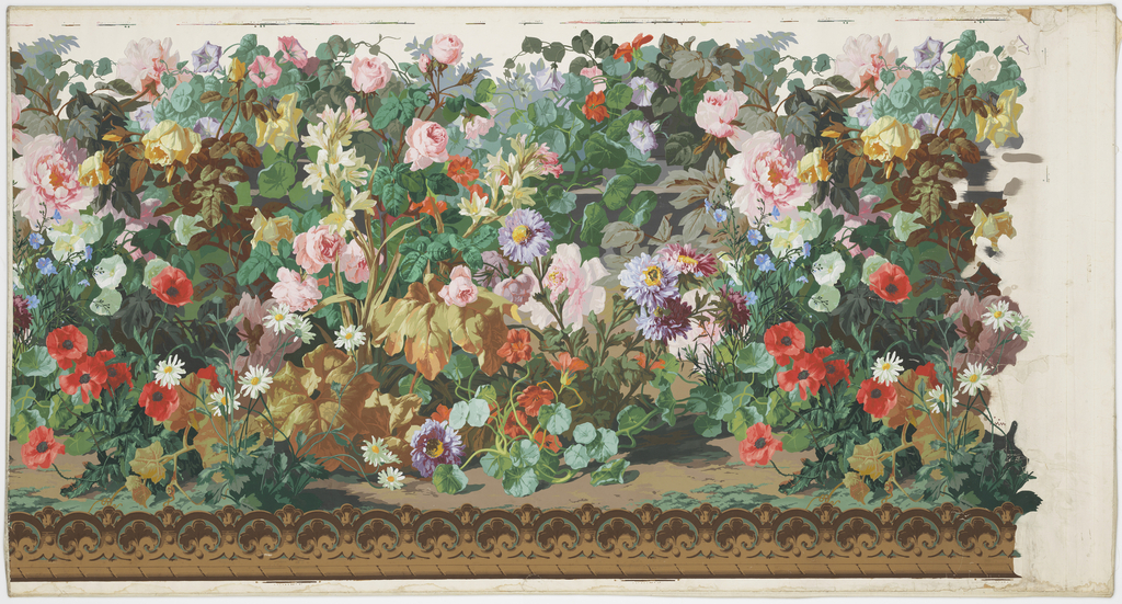 Image shows a dado panel containing a dense, lush flower bed. Please scroll down for additional information on this piece.