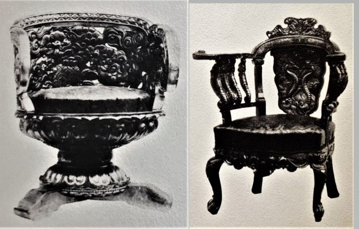 This image features L: No.23. Library revolving chair with Lotus seat and carved lions. Magnolia hypleuca wood, lacquer and gold foil ornaments. Brocade of Paulownia Imperialus design. R: No.2. An Armchair. Lotus chair is elegantly carved and Japanned in gold and colored lacquerings.