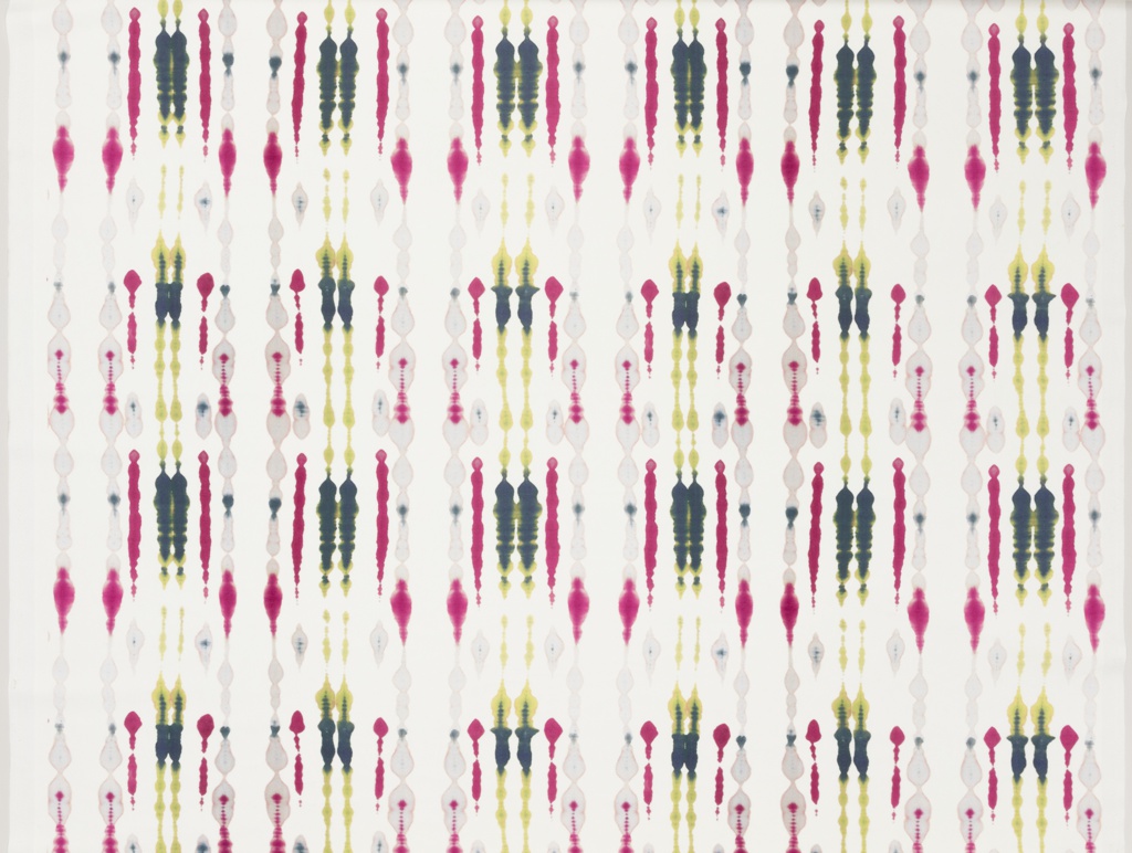 Image features a white polyester suede with stripes of organic "inkblots" in greens and pinks. Design scanned from a hand-stitched and shibori-dyed silk. Please scroll down to read the blog post about this object.