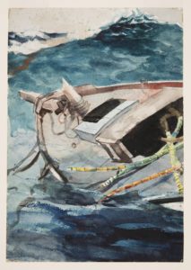 Image features a colorful drawing showing a vertical view of the listing bow of a boat with a broken mast, among swelling waves. Please scroll down to read the blog post about this object.
