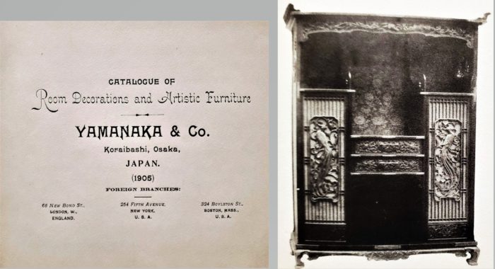 This image features L: Title page of 1905 Yamanaka & Co catalogue of Room Decorations and Artistic Furniture. R: No. 109. Cabinet of mulberry wood carved in designs of Angels, Phoenix and foliage. Mother of pearl inlaid work and gold lacquering.