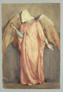 Image features an angelic figure facing frontally, in red-orange robe. Head indicated only through graphite sketch. Please scroll down to read the blog post about this object.
