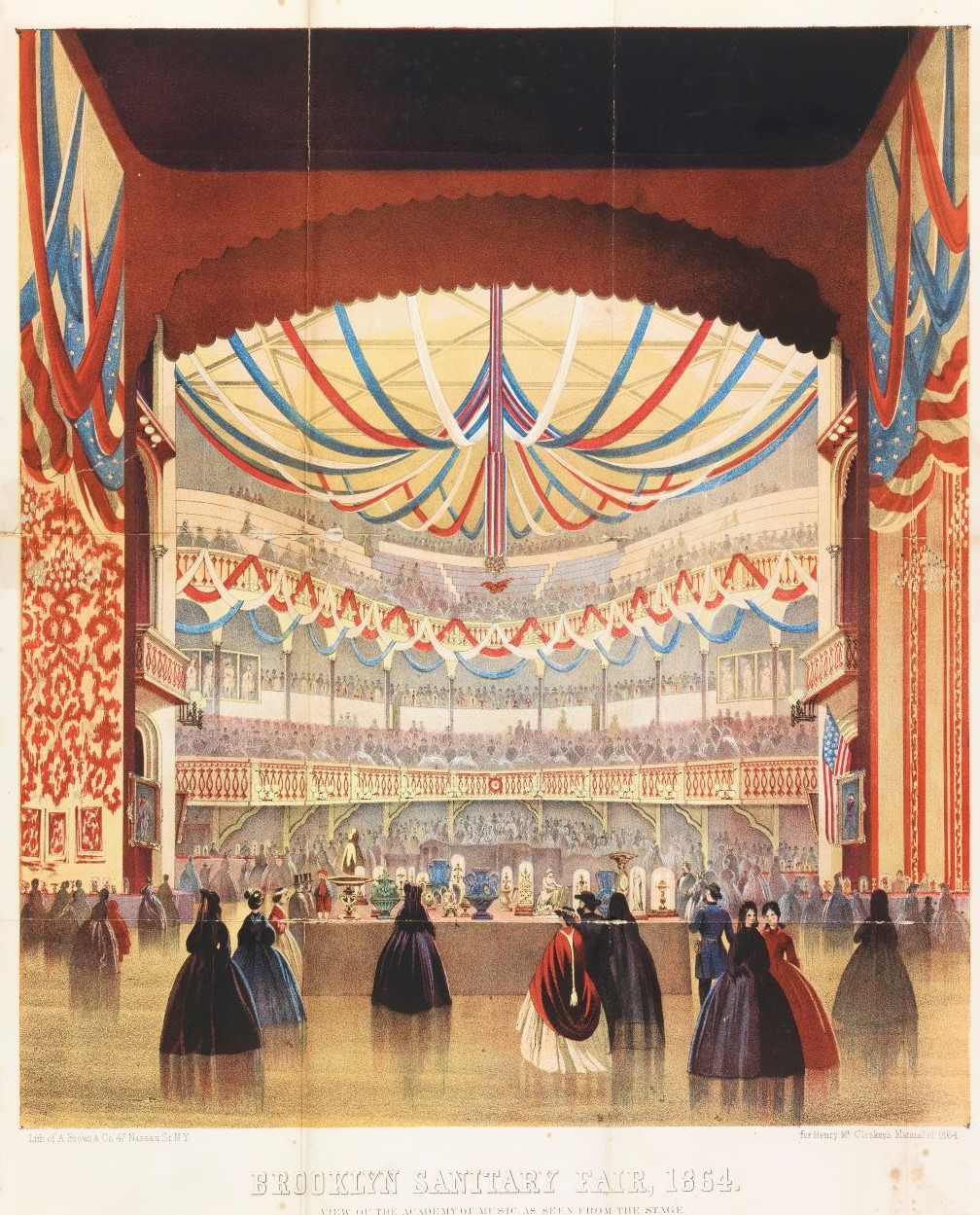 This image features a view from the Brooklyn Academy of Music stage looking out at the theater’s great hall and balconies festooned with red, white, and blue streamers, bunting, and American flags. People in 19th attire meander along shopping for household wares and other goods. Please scroll down to read the blog post about this object.