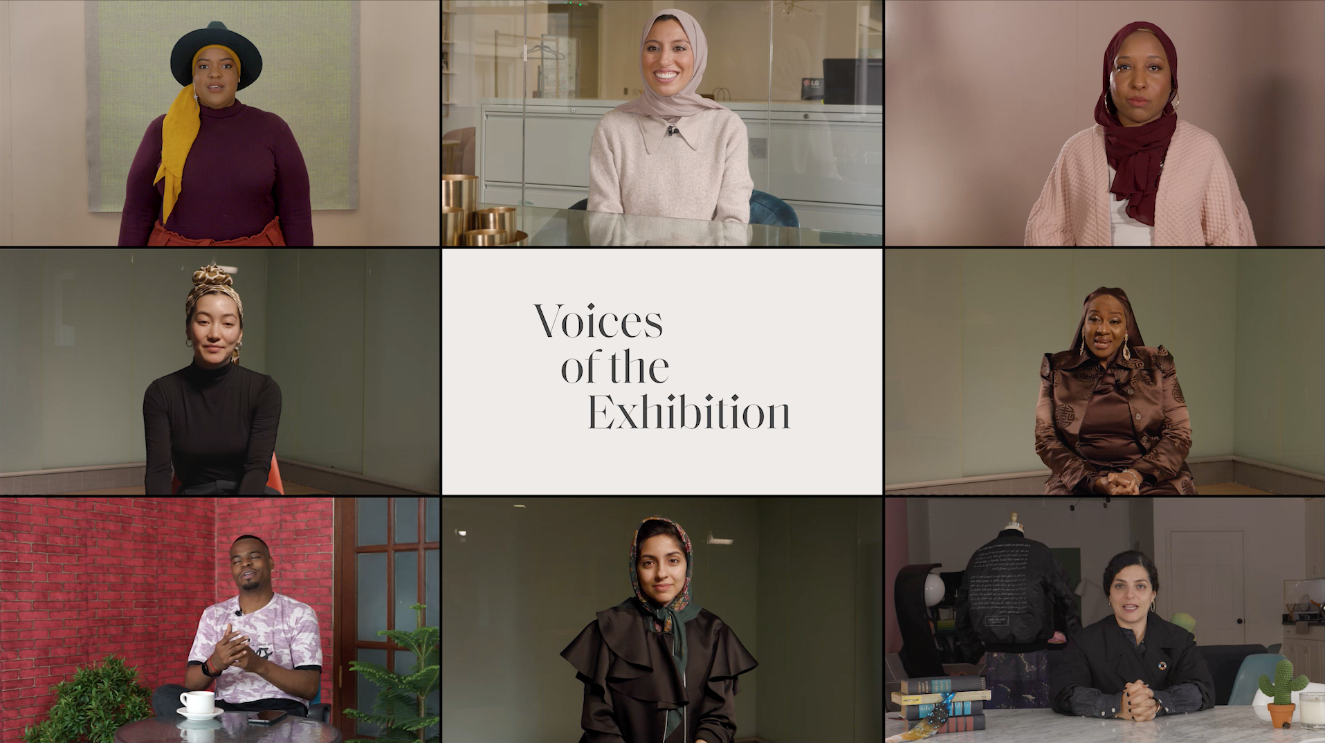 IMAGE: in a 3x3 grid, 7 women and one man smile at the camera. IN the middle grid the words "Voices of the Exhibition" fade on