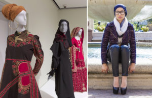 Diptych. Left: installation view of Contemporary Muslim Fashions shows three mannequins. One mannequin wears a brown tunic with red and gold decorations, camoflage scarf, giant hoop earrings, and an orange head wrap. Mannequin in center wears a dark draped jacket and matching headcovering. Right most mannequin wears brilliant red and gold Pakistani wedding dress