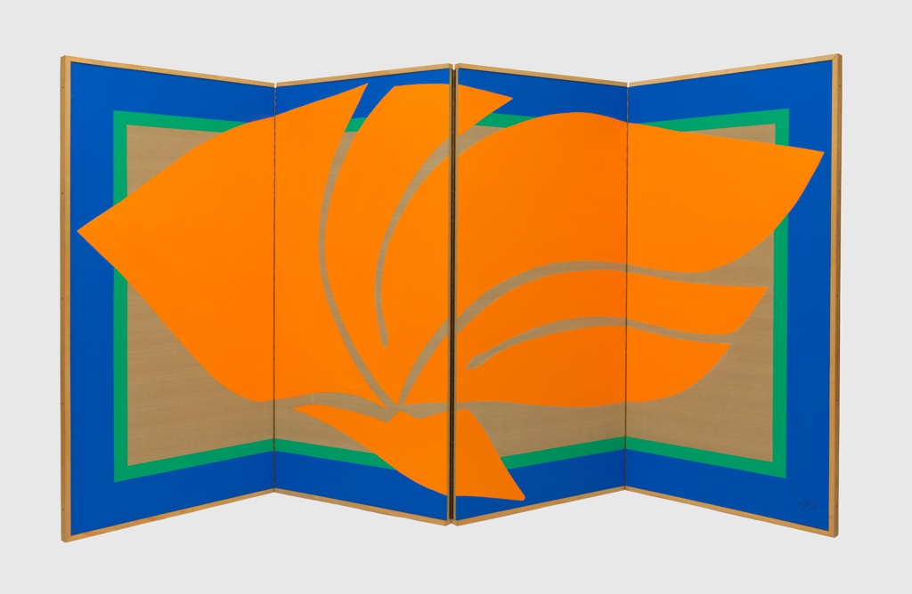 Image features a rectangular four-panel folding screen decorated with a large, bright orange abstracted flame-like design against a tan ground; a wide blue, and narrow green band surround the perimeter of the screen. The reverse decorated by four green spirals, one on each panel. All four panels connected with striped orange border on tan ground. Please scroll down to read the blog post about this object.