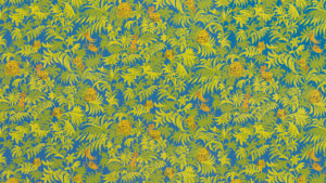 Cute drawings of tigers, lions, and monkeys peep through green foliage in this wallcovering with a blue background