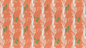 Green seahorses and tropical fish swim through white coral on an orange background