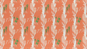 Green seahorses and tropical fish swim through white coral on an orange background