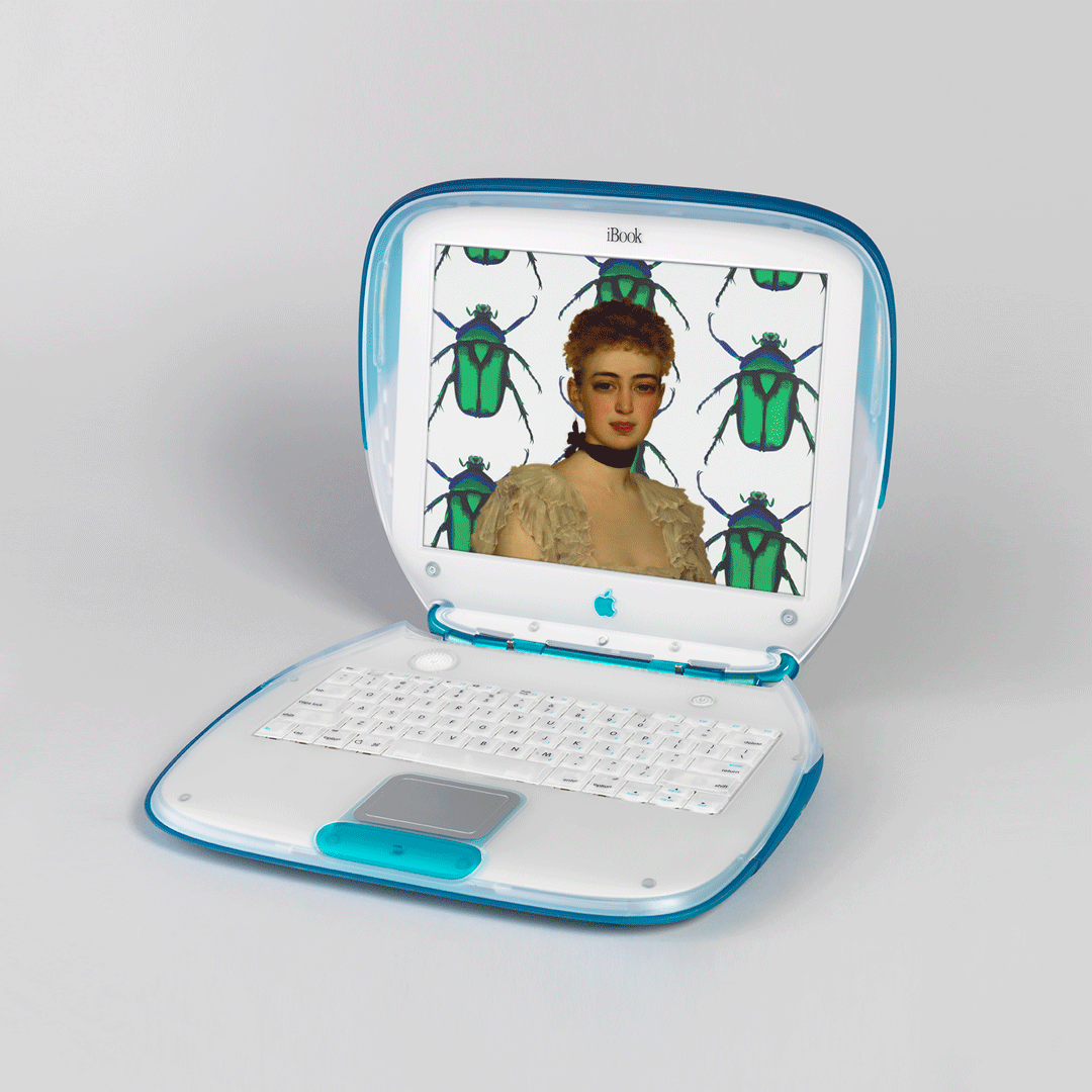 Portrait of Eleanor Garnier Hewitt, cofounder of Cooper Hewitt, superimposed on a 1999 blue Mac laptop. Behind her is a wallcovering depicting shiny green beetles.