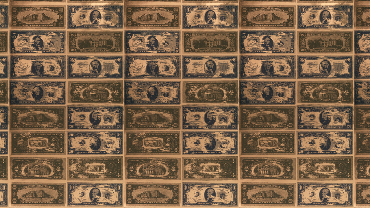A repeating background of slightly misprinted U.S. currency on a shiny bronze background