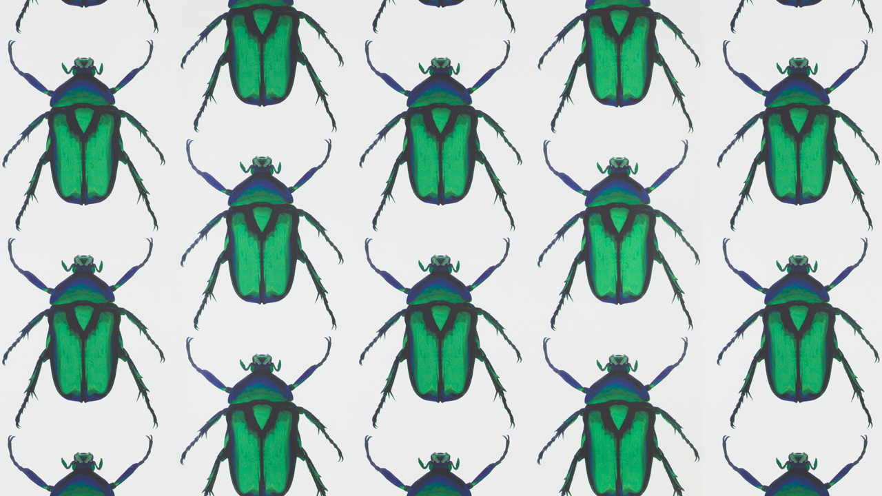 Repeating pattern of gigantic iridescent green beetles on white background