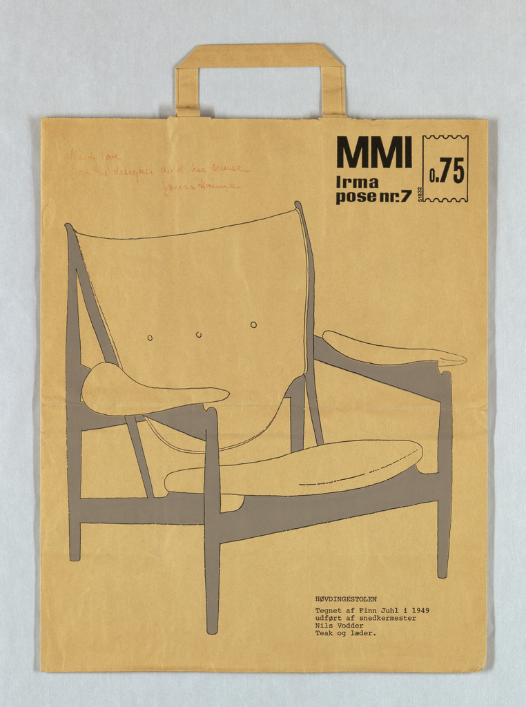Image features brown paper bag, printed with representation of a wood-framed chair.